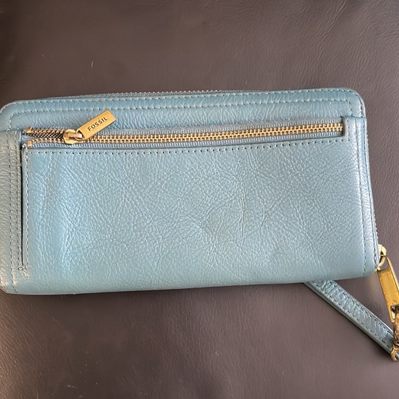 Fossil Leather Turkish Blue Gold Full  Zip Wallet Writlet - Picture 3 of 9